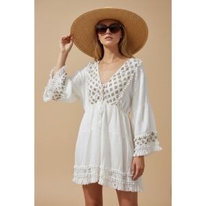 Shiva White Embroidered Boho Mini Dress One Size Swim Beach Coverup